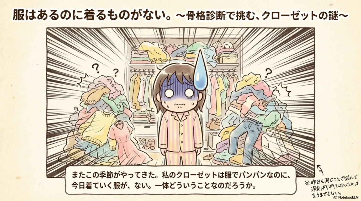 異なる素材とシルエットの服を並べたフラットレイ