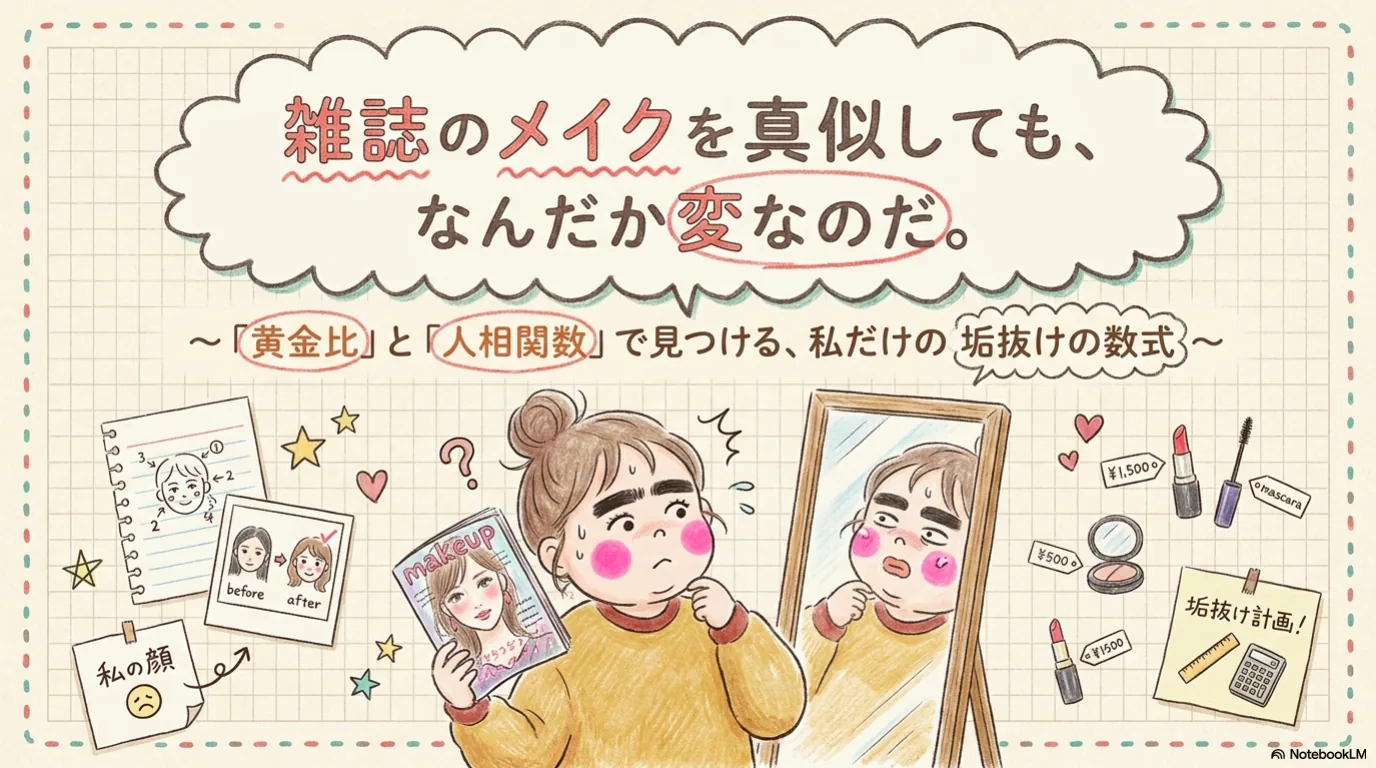 黄金比をイメージさせるメイク道具と鏡のフラットレイ
