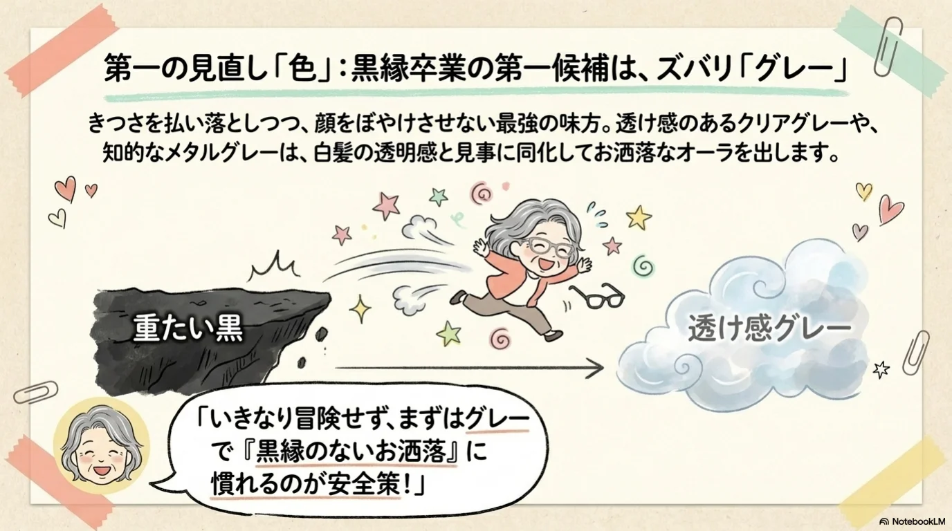 白髪メガネ三見直しの解説イラスト（6）