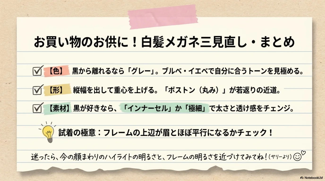白髪メガネ三見直しの解説イラスト（13）