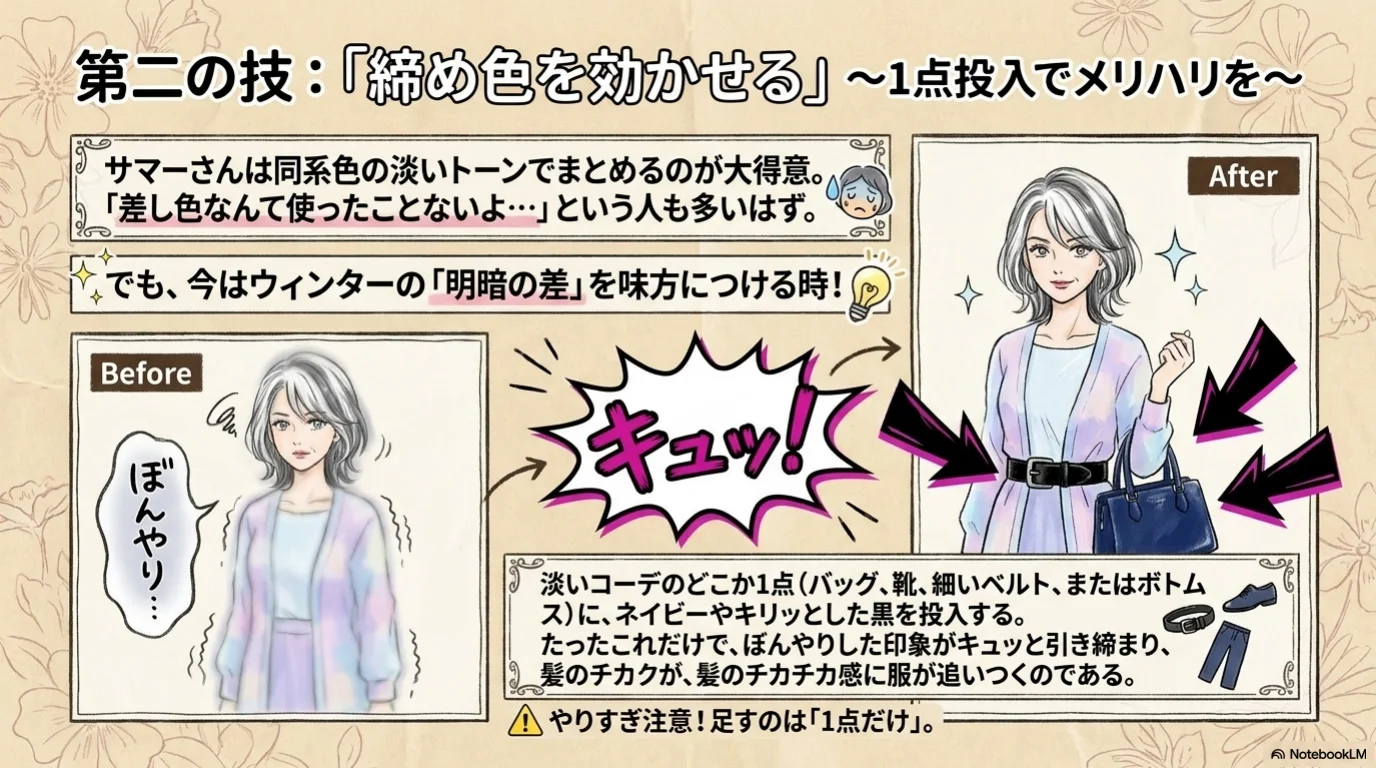 白髪コントラスト三技の解説イラスト（8）